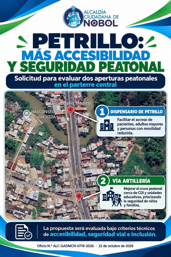 Nobel pide al Prefecto del Guayas dos pasos peatonales para Petrillo