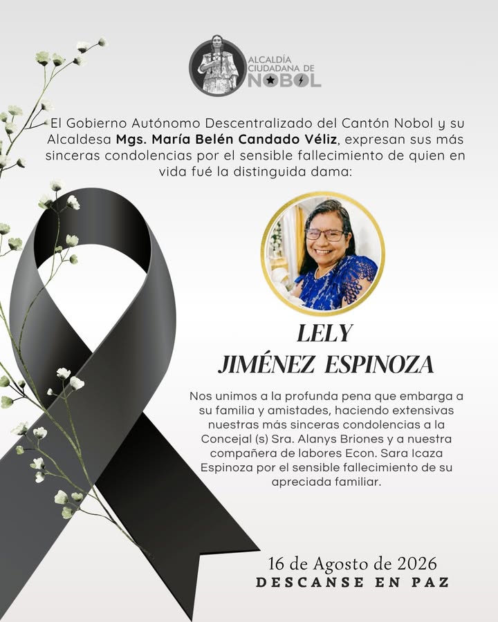 GAD Nobol expresa condolencias por el fallecimiento de Lely Jiménez