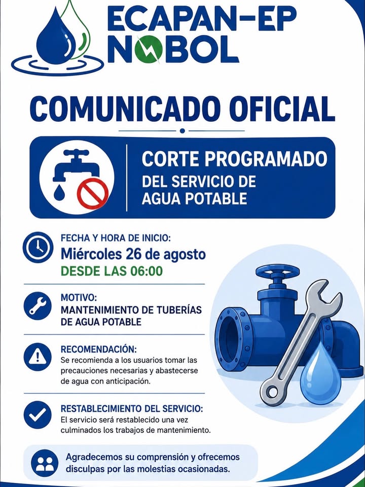 GAD Nobol anuncia corte programado de agua para este miércoles 26