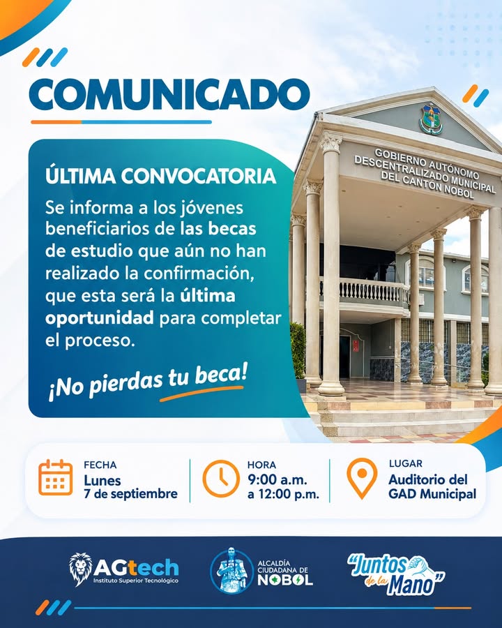 Última llamada: Jóvenes noboleños deben confirmar sus becas este lunes 7